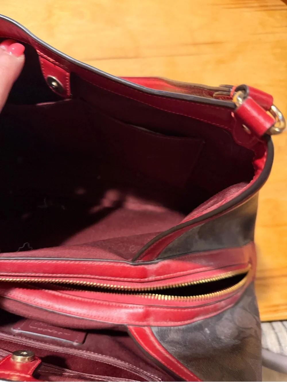 Coach Signature Hobo Bag in Brown with Red Trim